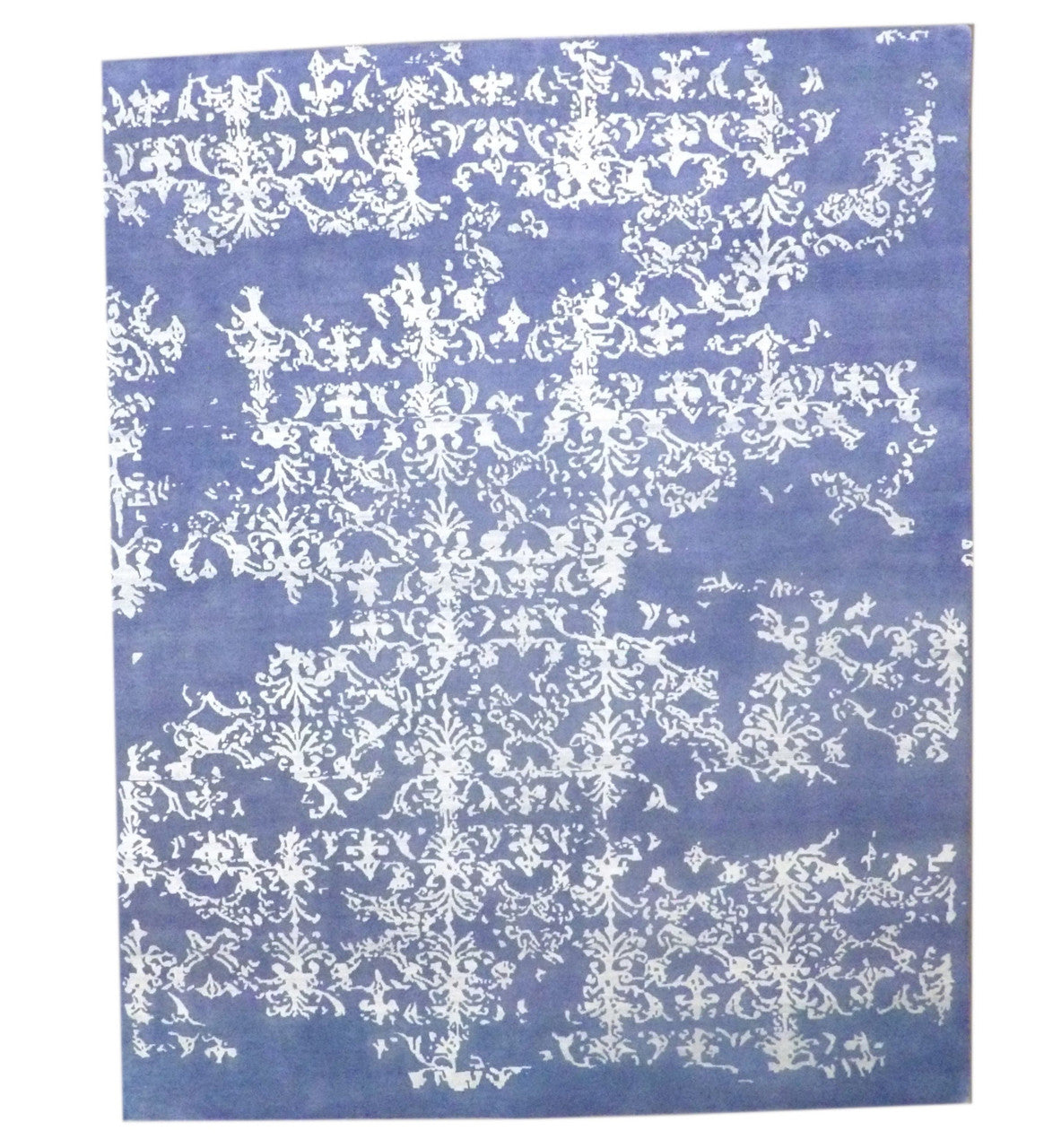 Modern abstract broken-design hand-knotted wool-silk rug in blue and gray, full view