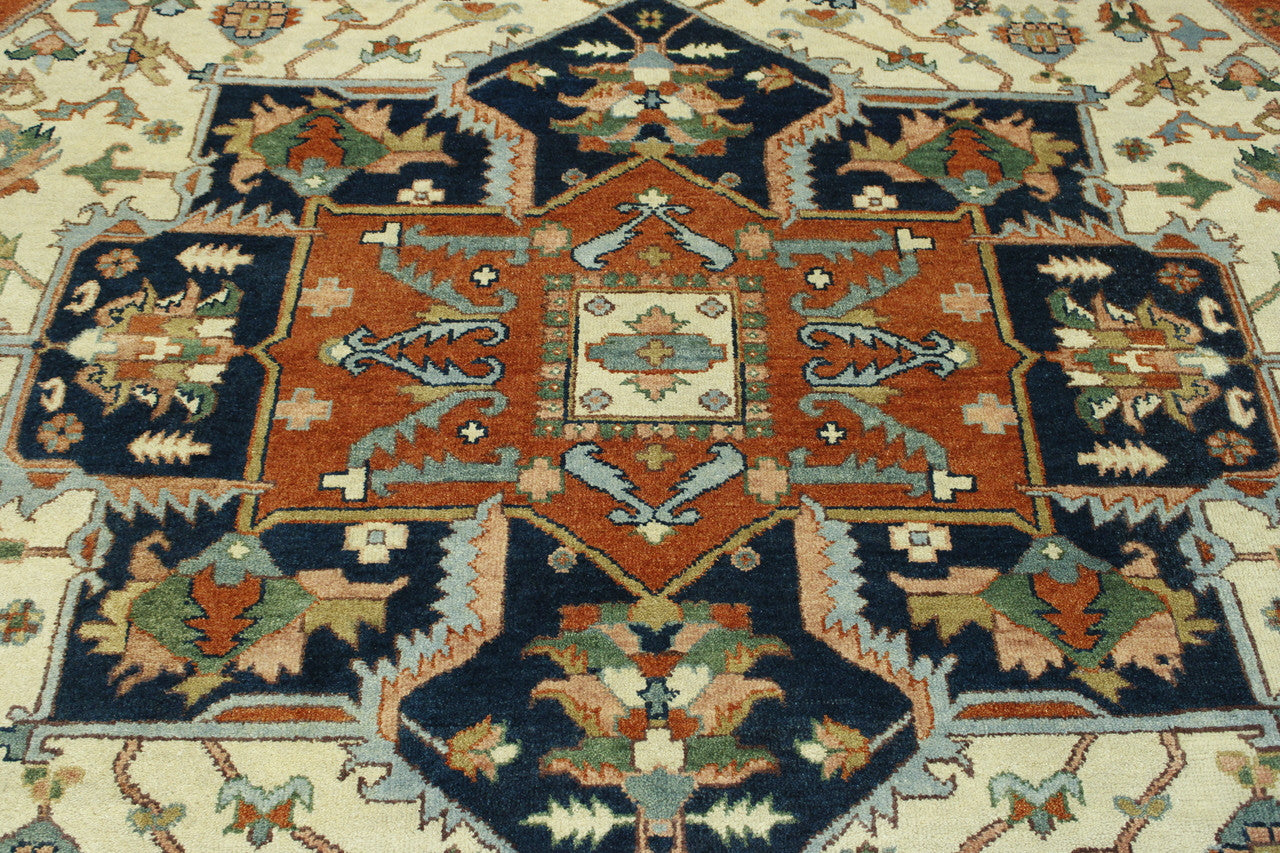 Tribal Heriz hand-knotted wool rug in Blue & Beige, full view