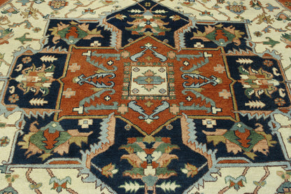 Tribal Heriz hand-knotted wool rug in Blue & Beige, full view