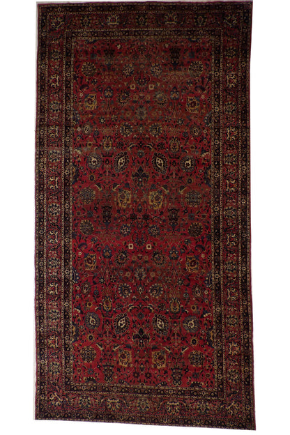 Traditional Antique Farahan hand-knotted wool rug in Red, full view