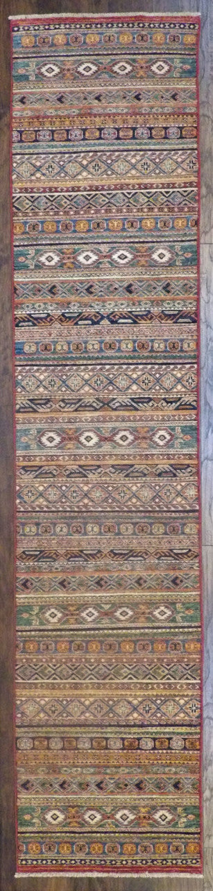 Tribal Khorjin hand-knotted wool runner in blue and red, full view