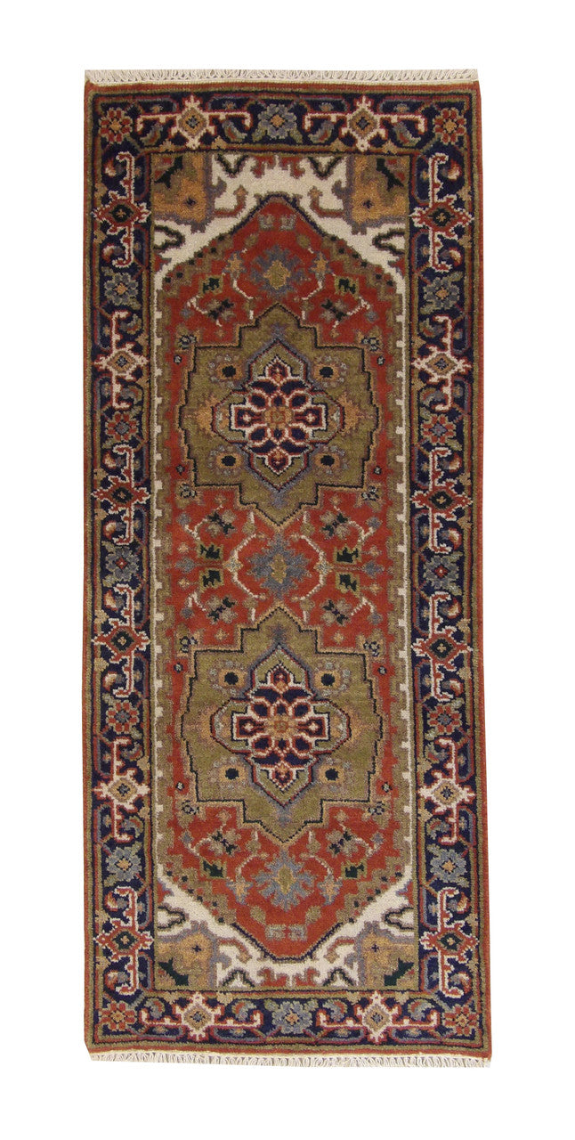 Tribal Indo Heriz hand-knotted wool rug in Rust, full view