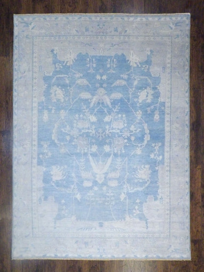 Fine Oushak hand-knotted wool rug in blue and gray, oversized, full view