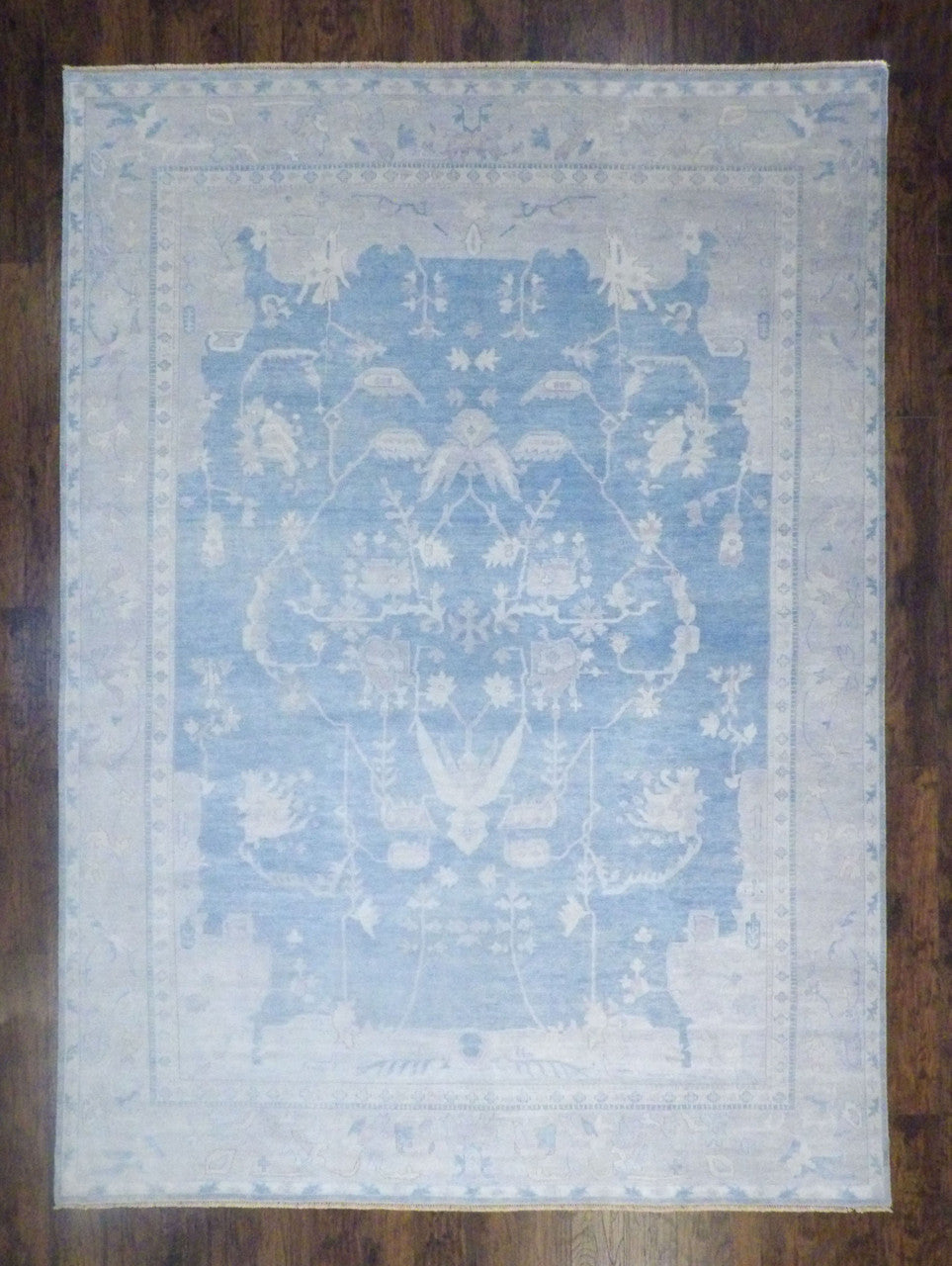 Fine Oushak hand-knotted wool rug in blue and gray, oversized, full view