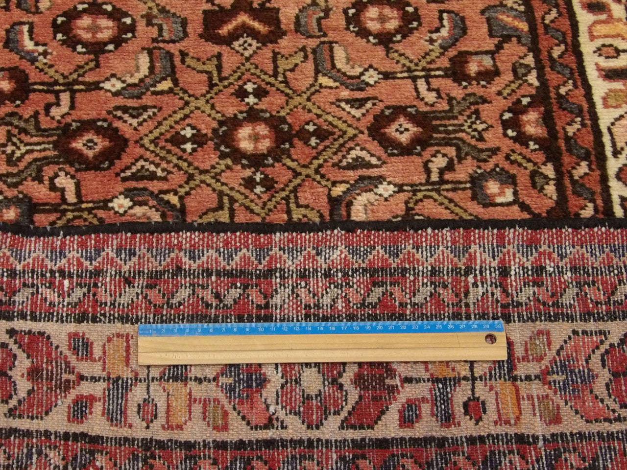Beige and red Hamadan runner in hallway setting