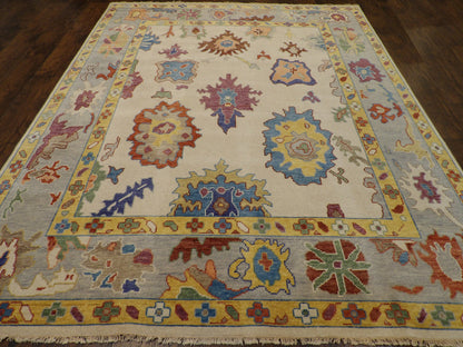 Back of hand-knotted colorful Oushak rug showing construction