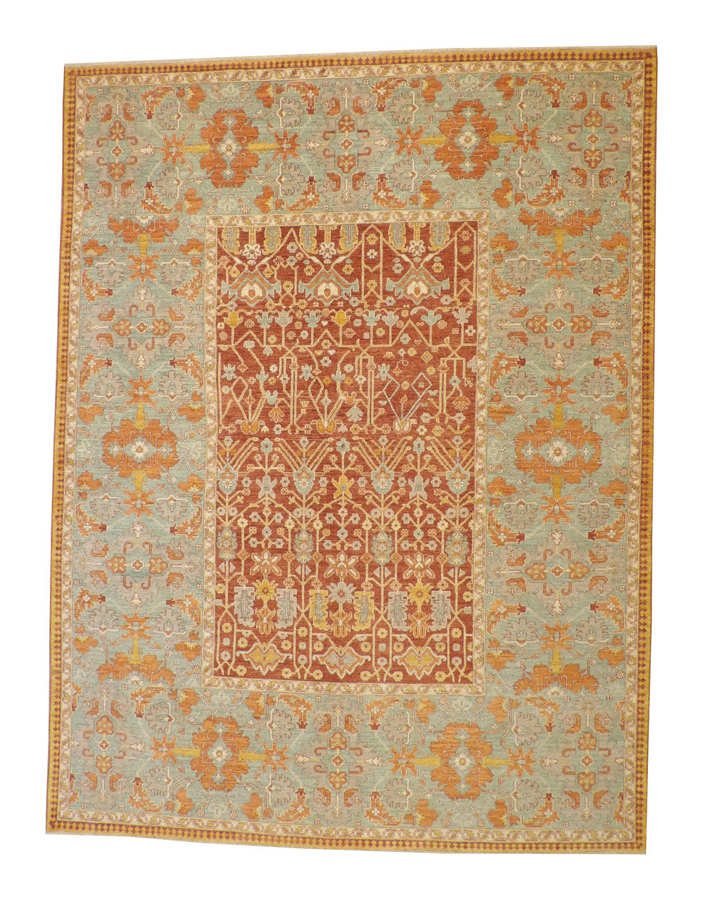 Tribal Vegetable Dye Bamiyan hand-knotted wool rug in Green & Rust, full view