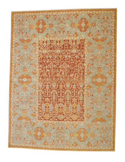 Tribal Vegetable Dye Bamiyan hand-knotted wool rug in Green & Rust, full view