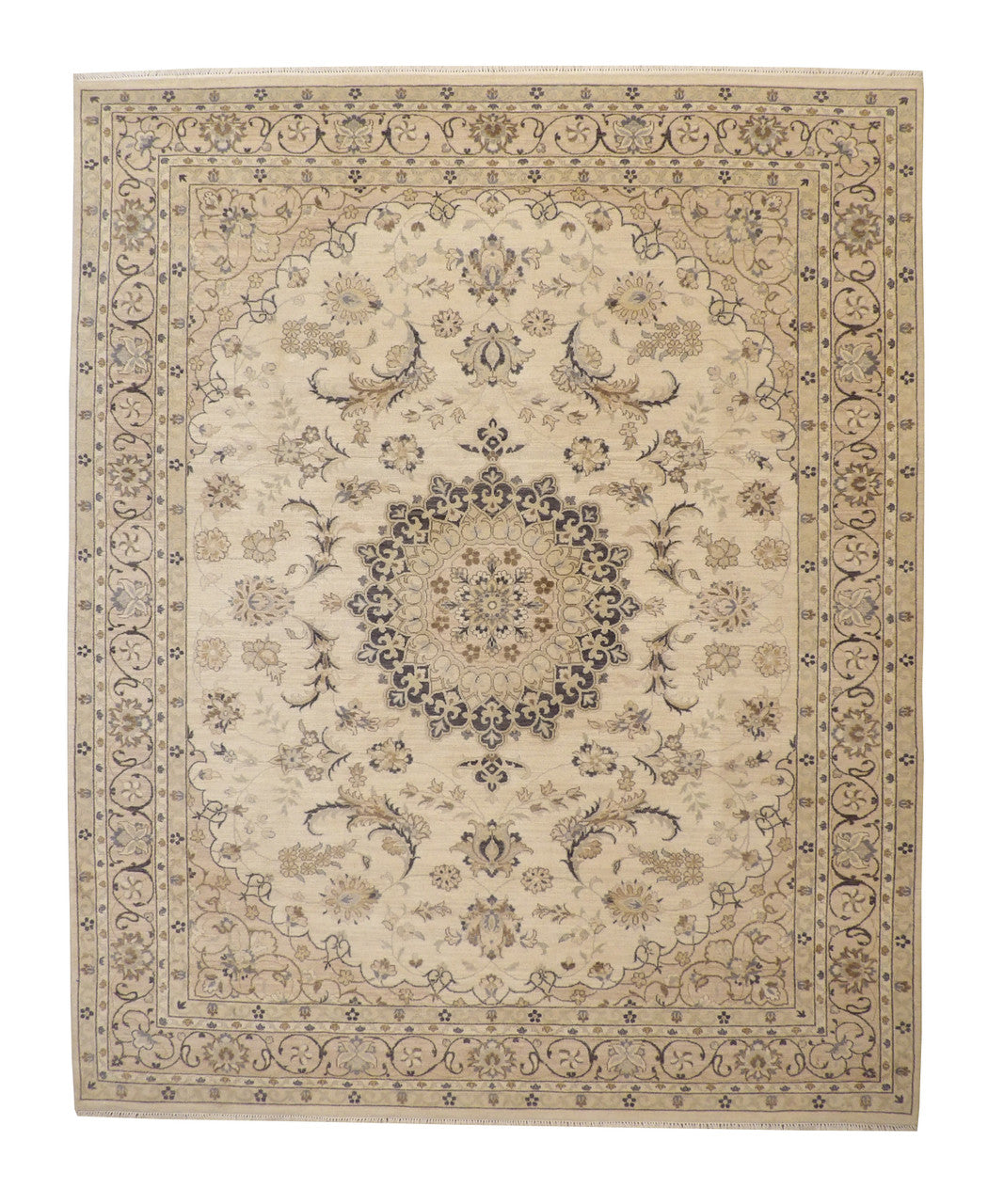 Oushak Indo Agra Chobi hand-knotted wool rug in Beige, full view