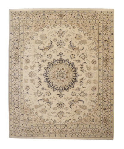 Oushak Indo Agra Chobi hand-knotted wool rug in Beige, full view