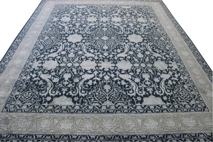 Close-up of wool-silk pile, Blue & White rug