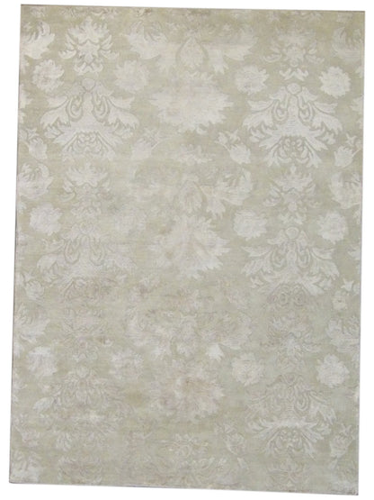 Modern carved floral hand-knotted wool-silk rug in beige, full view