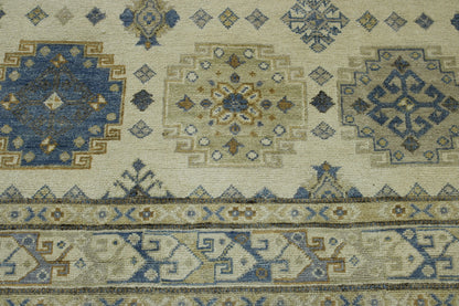 Blue & Beige Tribal Super Kazak rug in room setting