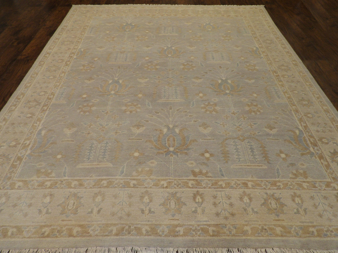 Back of hand-knotted Oushak Chobie rug showing construction