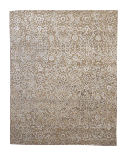 Transitional Abstract Broken Design hand-knotted wool-silk rug in Blue & Brown, full view
