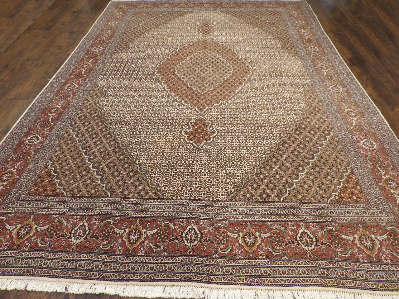 Close-up of wool-silk pile, Brown & Ivory rug
