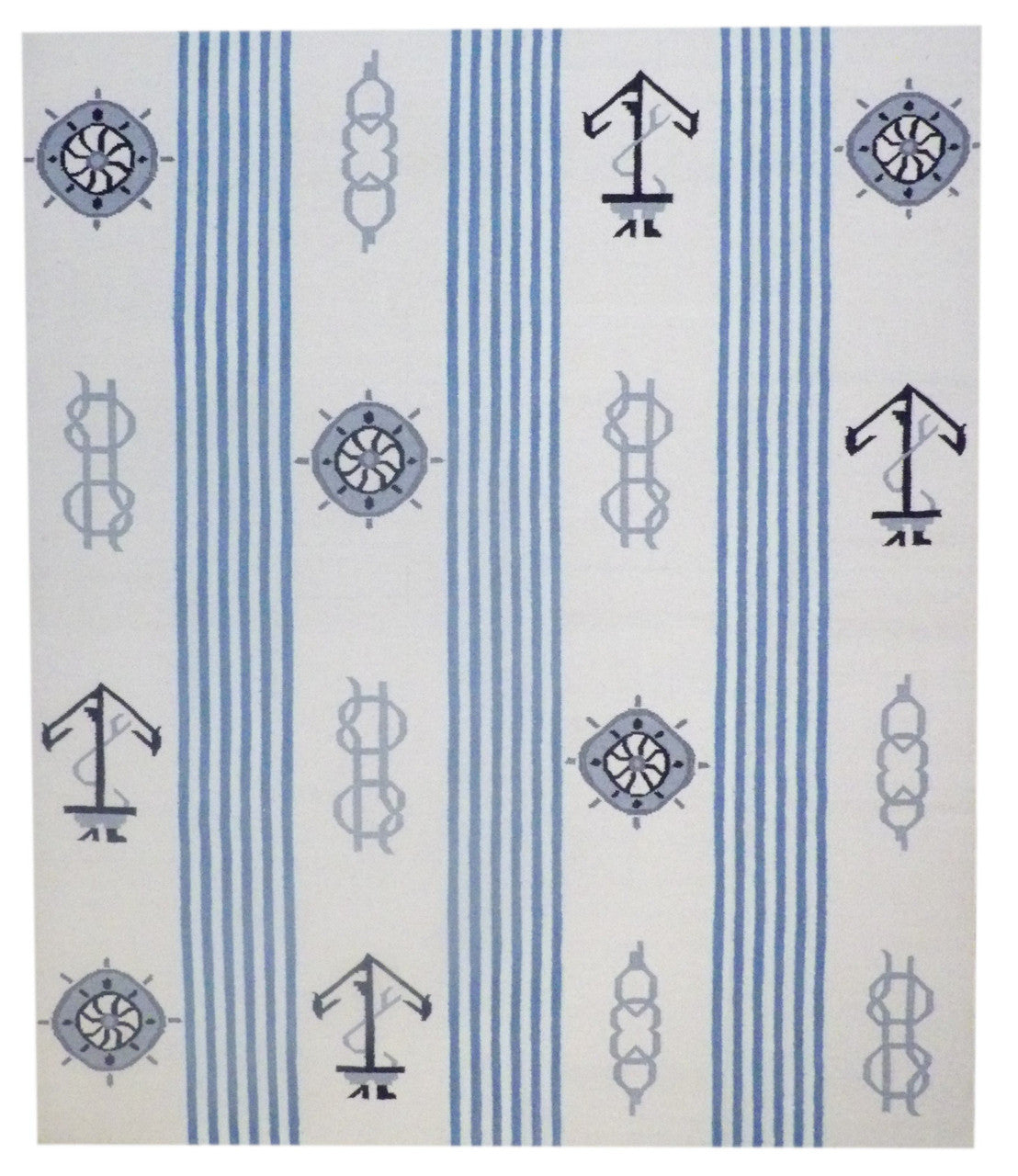 Coastal Flat Weave Indoor/Outdoor Beach hand-knotted wool rug in Blue & White, full view