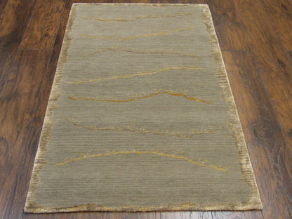 Close-up of wool-silk pile, Gold & Green rug