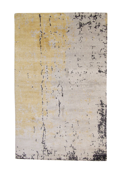Modern Abstract Design hand-knotted silk rug in Gold & Gray, full view