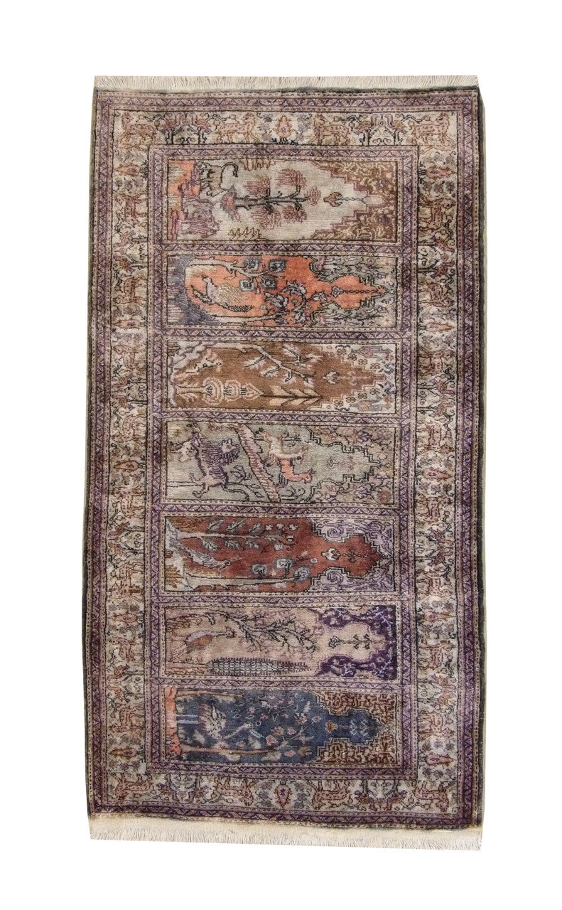 Traditional Baktiyar hand-knotted silk rug in Green, full view