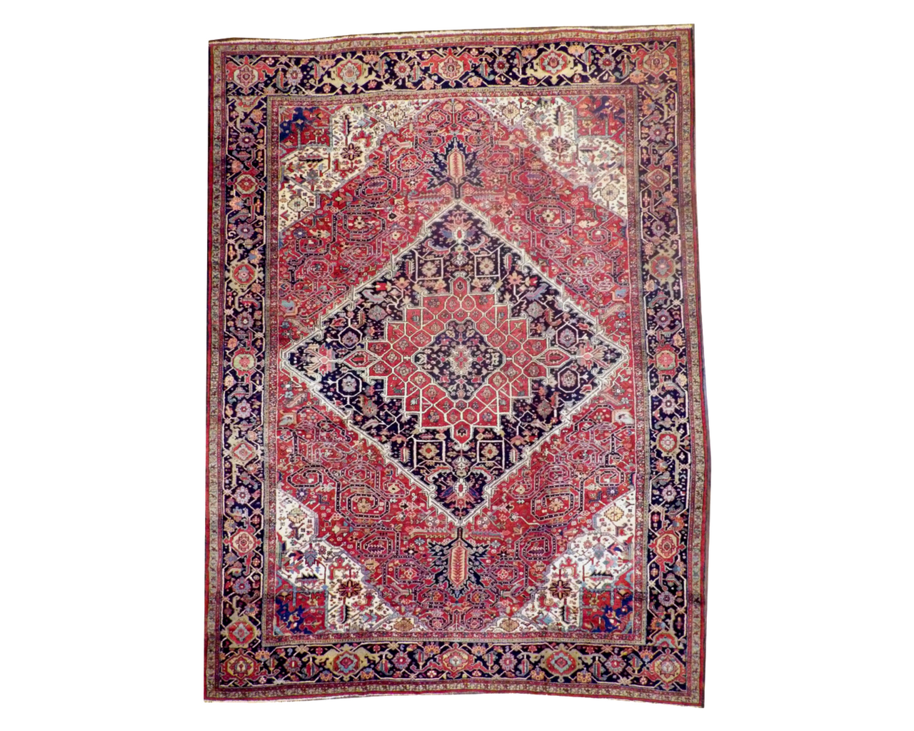 Antique Persian Sherapi hand-knotted wool rug in blue and red, oversized 11'8x15'3, full view