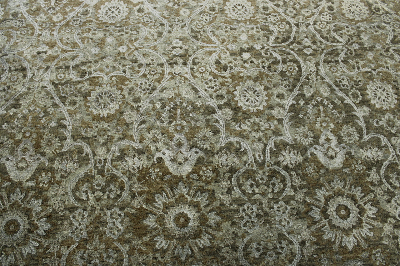 Close-up of wool-silk pile, Blue & Brown rug
