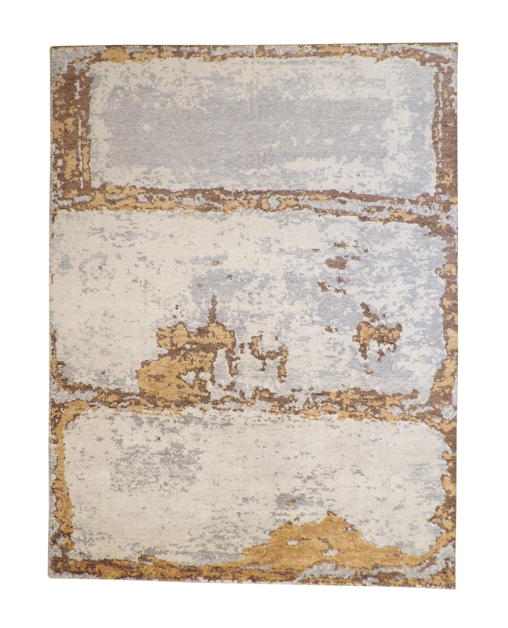 Modern Abstract Distress Design hand-knotted silk rug in Blue & White, full view