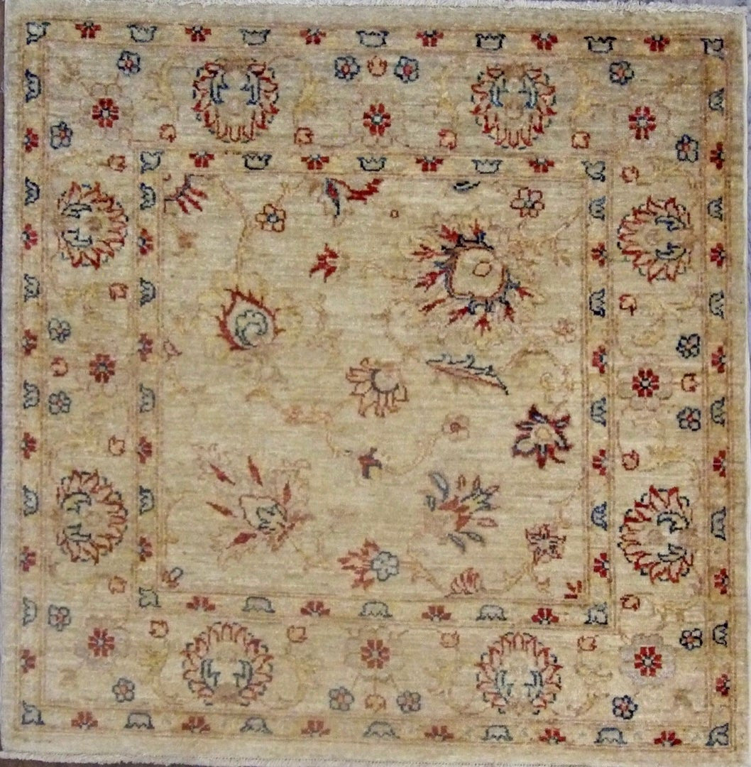 Oushak Chobi hand-knotted wool rug in Beige, full view