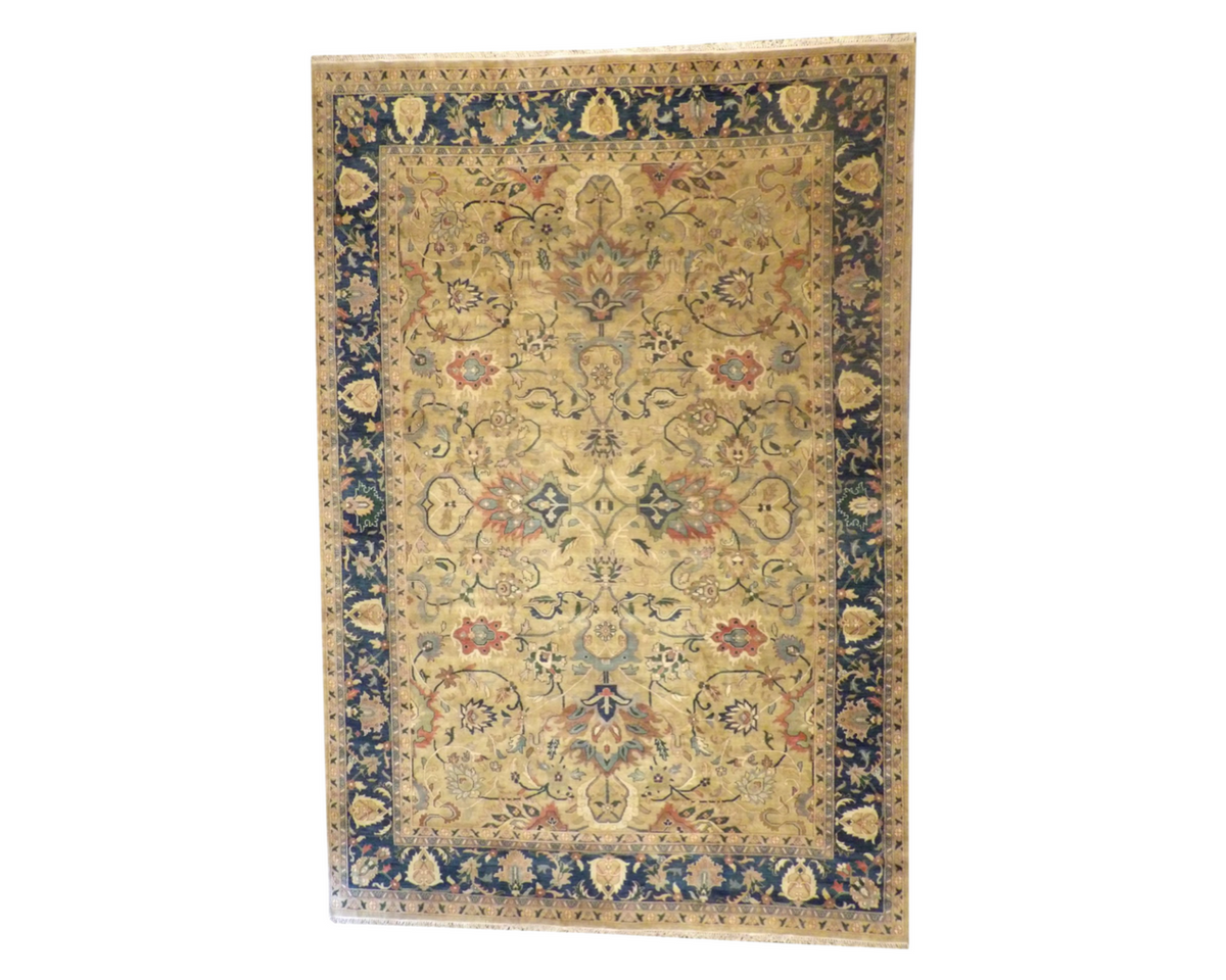 Agra Ziegler hand-knotted wool rug in blue and gold, palatial size, full view
