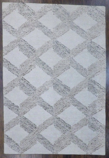 Modern looped high-low hand-knotted wool rug in beige and brown, full view