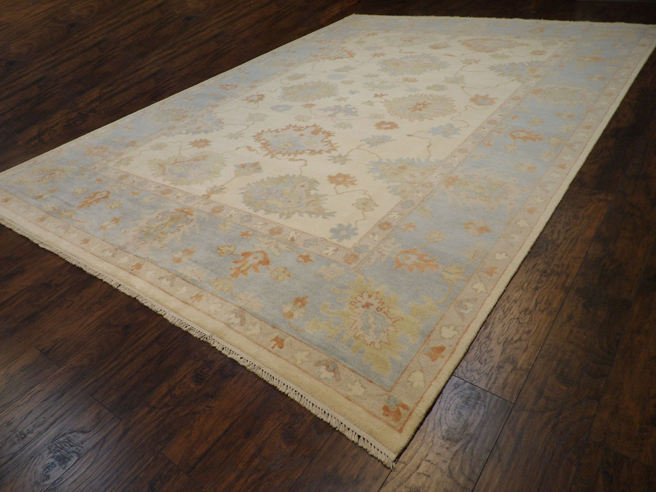 Blue & Beige Turk Oushak Natural Dye rug in room setting