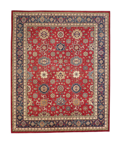 Tribal Super Kazak hand-knotted wool rug in Blue & Red, full view