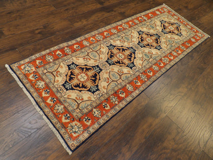 Blue and rust Super Kazak runner in a hallway setting