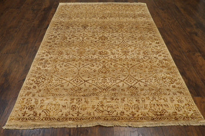 Close-up of wool-silk pile, brown and gold rug