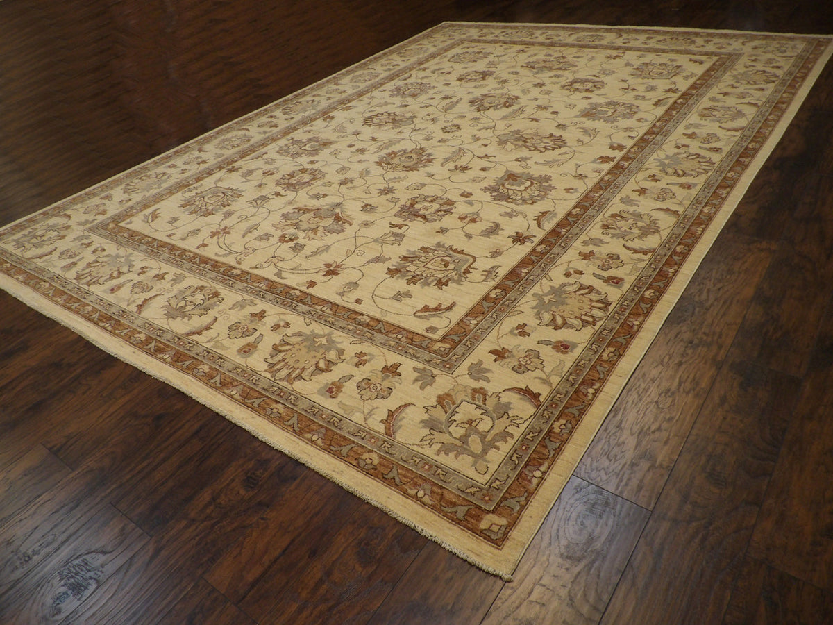 Beige Oushak Chobi Natural Dye rug in room setting