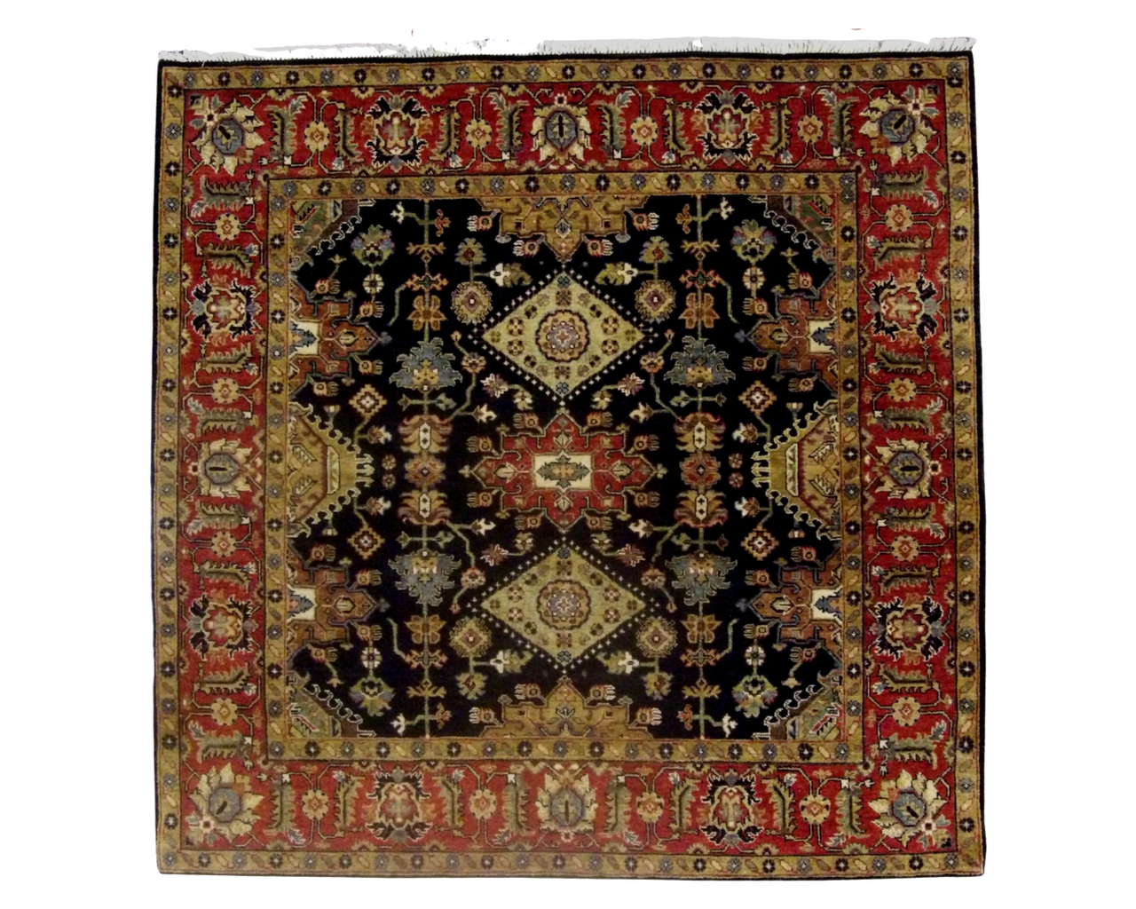 Tribal Sherapi hand-knotted wool rug in brown and blue, 6x6 round/square, full view
