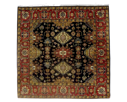 Tribal Sherapi hand-knotted wool rug in brown and blue, 6x6 round/square, full view
