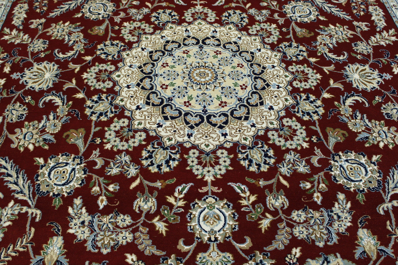 Traditional Fine Nain hand-knotted wool-silk rug in Beige & Red, full view