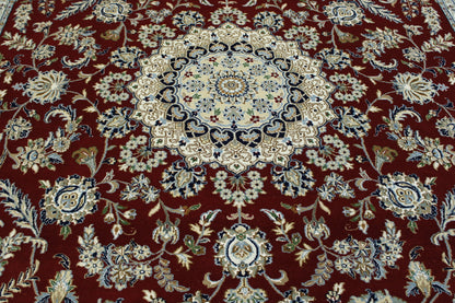 Traditional Fine Nain hand-knotted wool-silk rug in Beige & Red, full view
