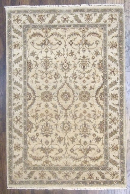 Indo Chobi hand-knotted wool rug in beige, full view