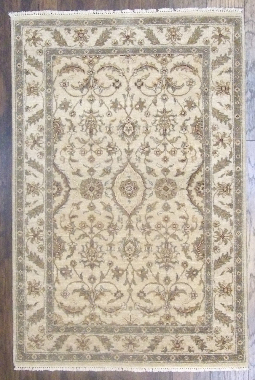 Indo Chobi hand-knotted wool rug in beige, full view
