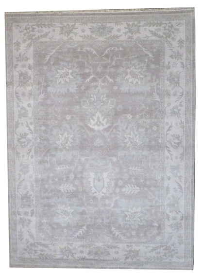 Turkish Oushak hand-knotted wool rug in brown and ivory, full view