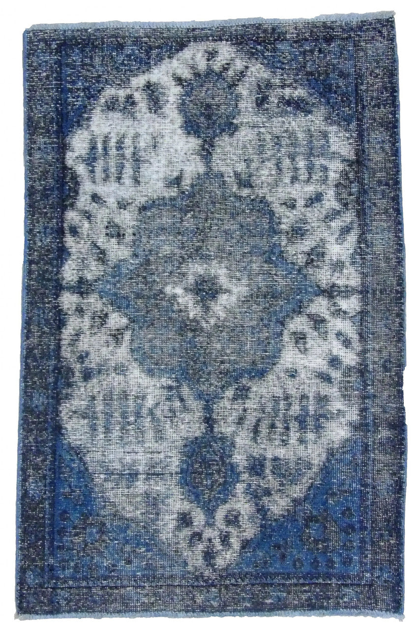 Vintage Overdye hand-knotted wool rug in Blue & Beige, full view
