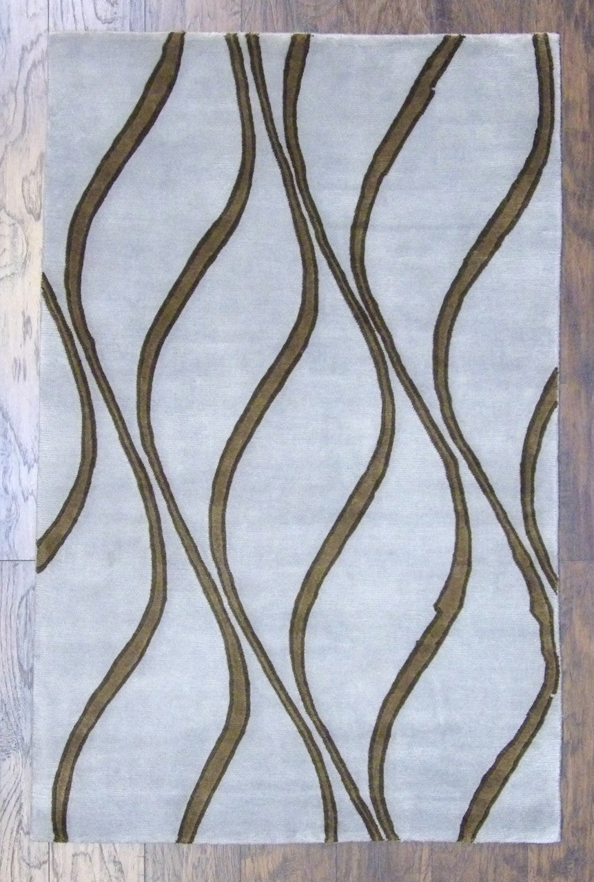 Modern geometric hand-knotted wool rug in blue and brown, full view