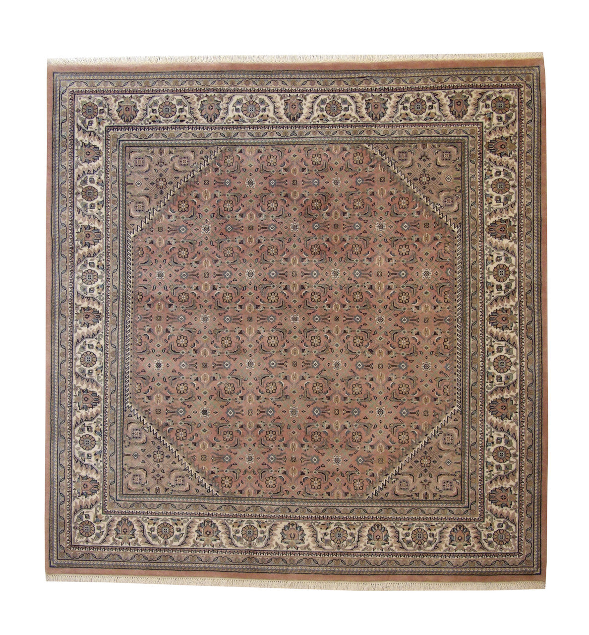 Traditional Indo Mir hand-knotted wool rug in Beige & Pink, full view