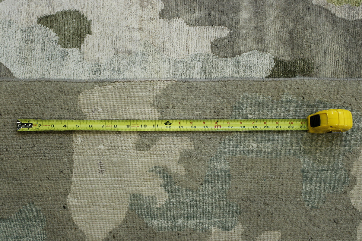 Modern Abstract Broken Design hand-knotted wool-silk rug in Gray & Green, full view