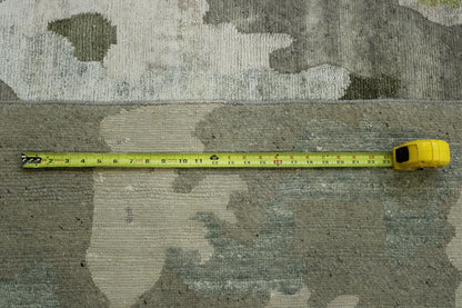 Modern Abstract Broken Design hand-knotted wool-silk rug in Gray & Green, full view