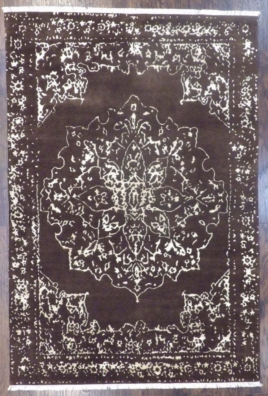 Broken Heriz high-low hand-knotted wool-silk rug in brown and gold, full view, 6x9