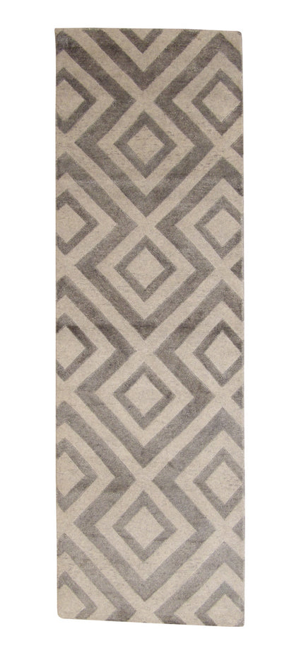 Modern Diamond Design hand-knotted wool-silk rug in Silver, full view