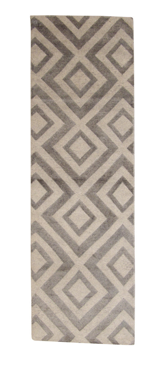 Modern Diamond Design hand-knotted wool-silk rug in Silver, full view